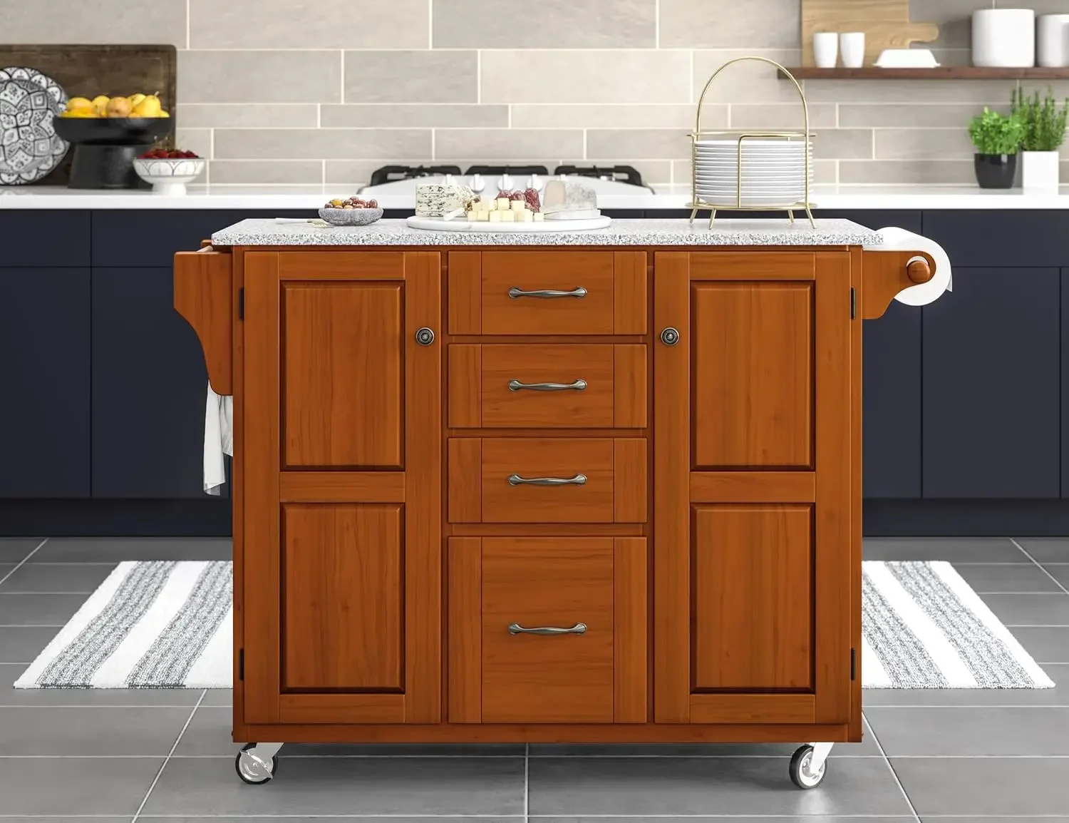 Large Mobile Create-a-Cart Warm Oak Finish Two Door Cabinet Kitchen Cart with Salt and Pepper Granite Top