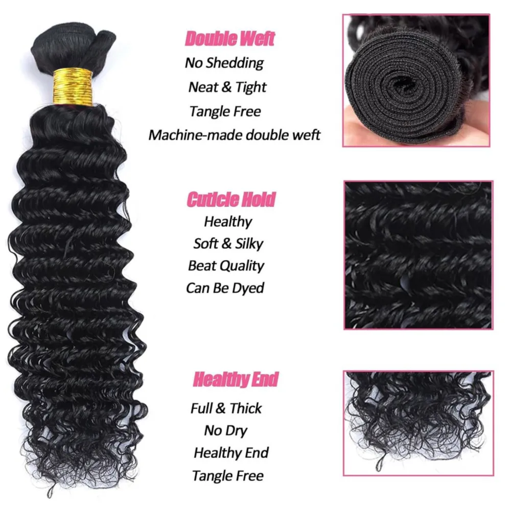 Deep Wave 13x4 Spitze frontale Echthaar bündel mit Verschluss natürliche schwarze Farbe # 1b brasilia nische 100% Bündel Echthaar verlängerungen