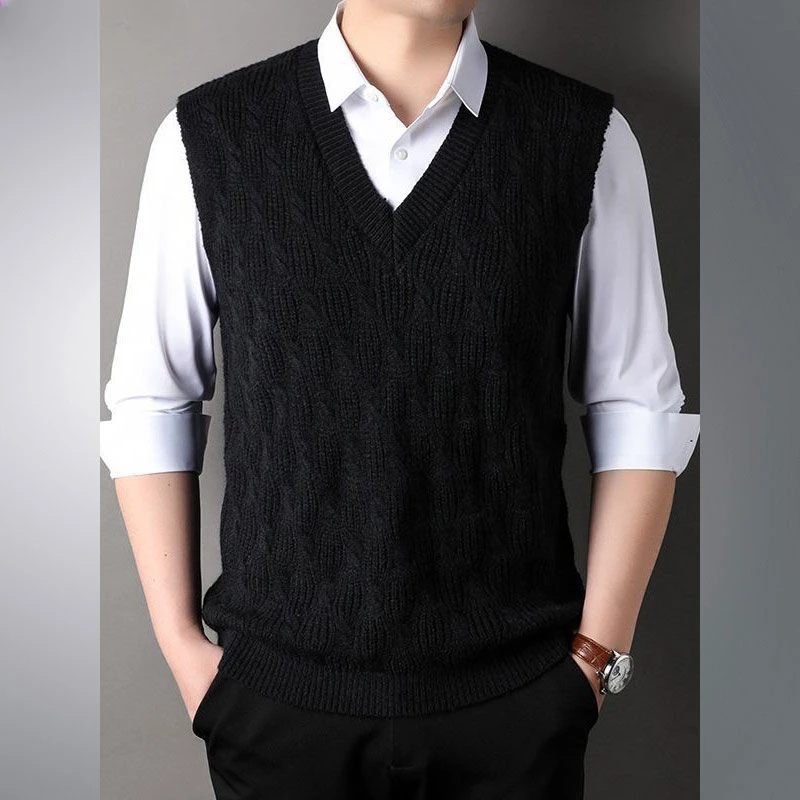 V Neck Warm Sweater Man Solid Color Knit Vests for Men Thick Waistcoat Top Open Smooth Korean Style Knitwear Woven High Quality
