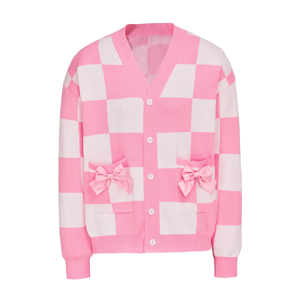 Margot Robbie Cosplay Pink Plaid With Bow Tie Sweater Casual Knitted Jacket Top Warm Coat Girl Women Halloween Costume