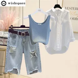 Spring and Summer Suit Women's 2022 New Fashionable Shirt Shows Thin and Broken Hole Denim Shorts Three Piece Set