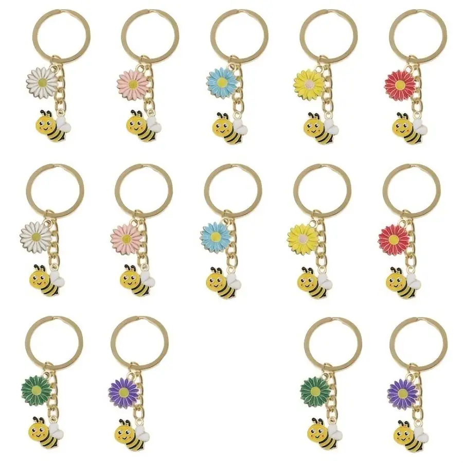1/5/10/20/50/100pcs Gift for Her/Him: 14-Piece Set of Spring Floral Keychains with Bees | Stainless Steel Keychain Sets for Part