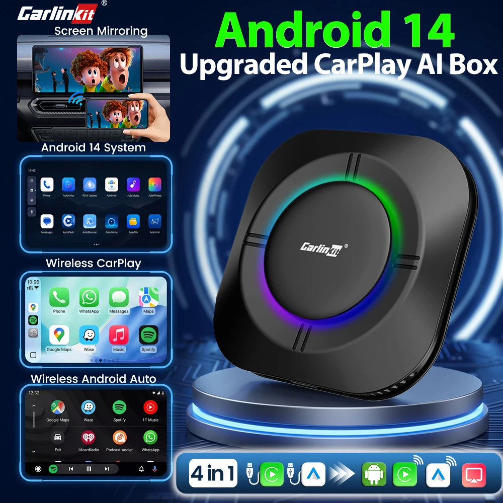 CarlinKit Upgraded Android 14 TV Box Wireless Screen Mirroring Android Auto Box For Netflix IPTV GPS Split Screen CarPlay Ai Box