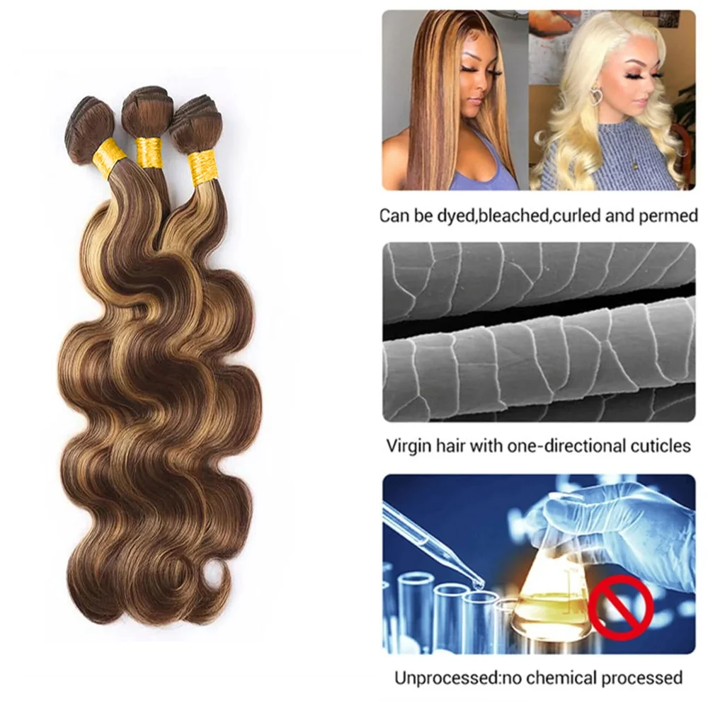 Onda do corpo Lace Frontal Cabelo Humano Pacotes com Fecho, Extensões Honey Blonde, 13x4, 26 em, 28 em, Cor # P4/27