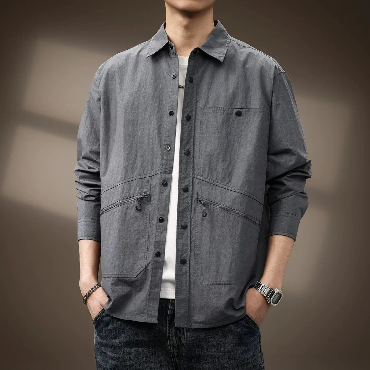 Men American Streetwear Vintage Loose Casual Long Sleeve Track Cargo Shirt Man Outdoor Multi-pocket Techwear Shirts Blouses