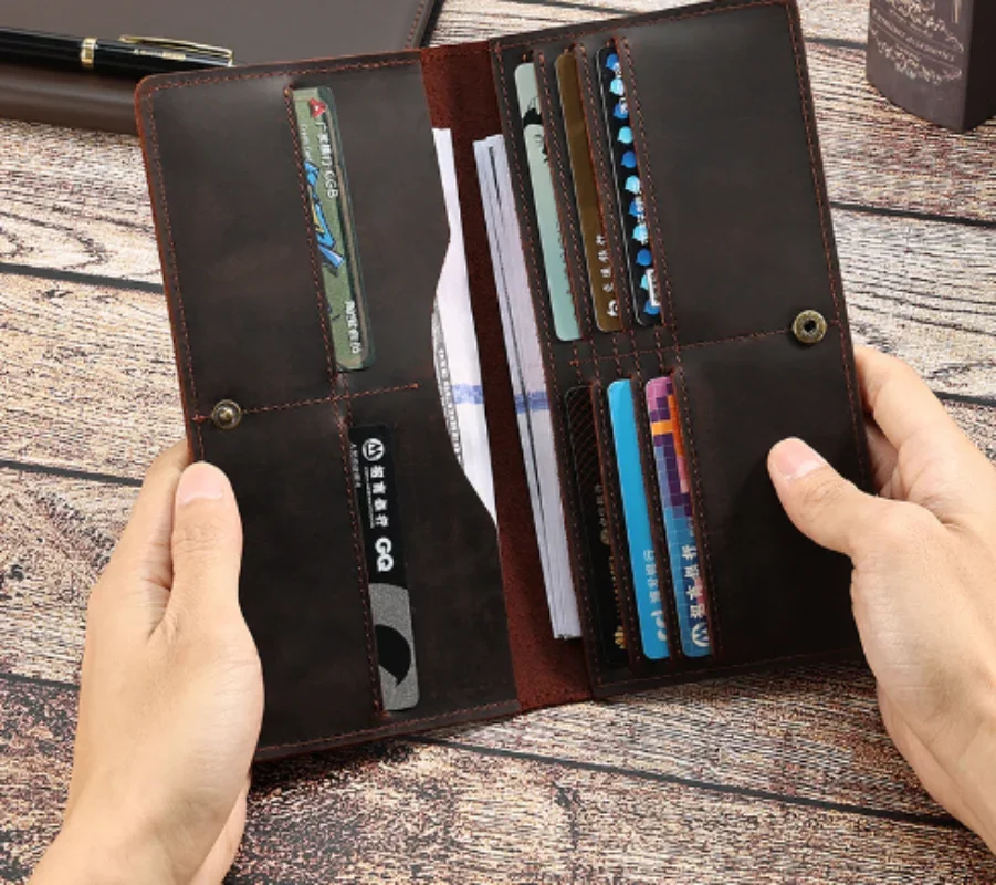 

Retro men's wallet Long simple thin clutch bag Crazy Horse Pito card wallet Leather wallet