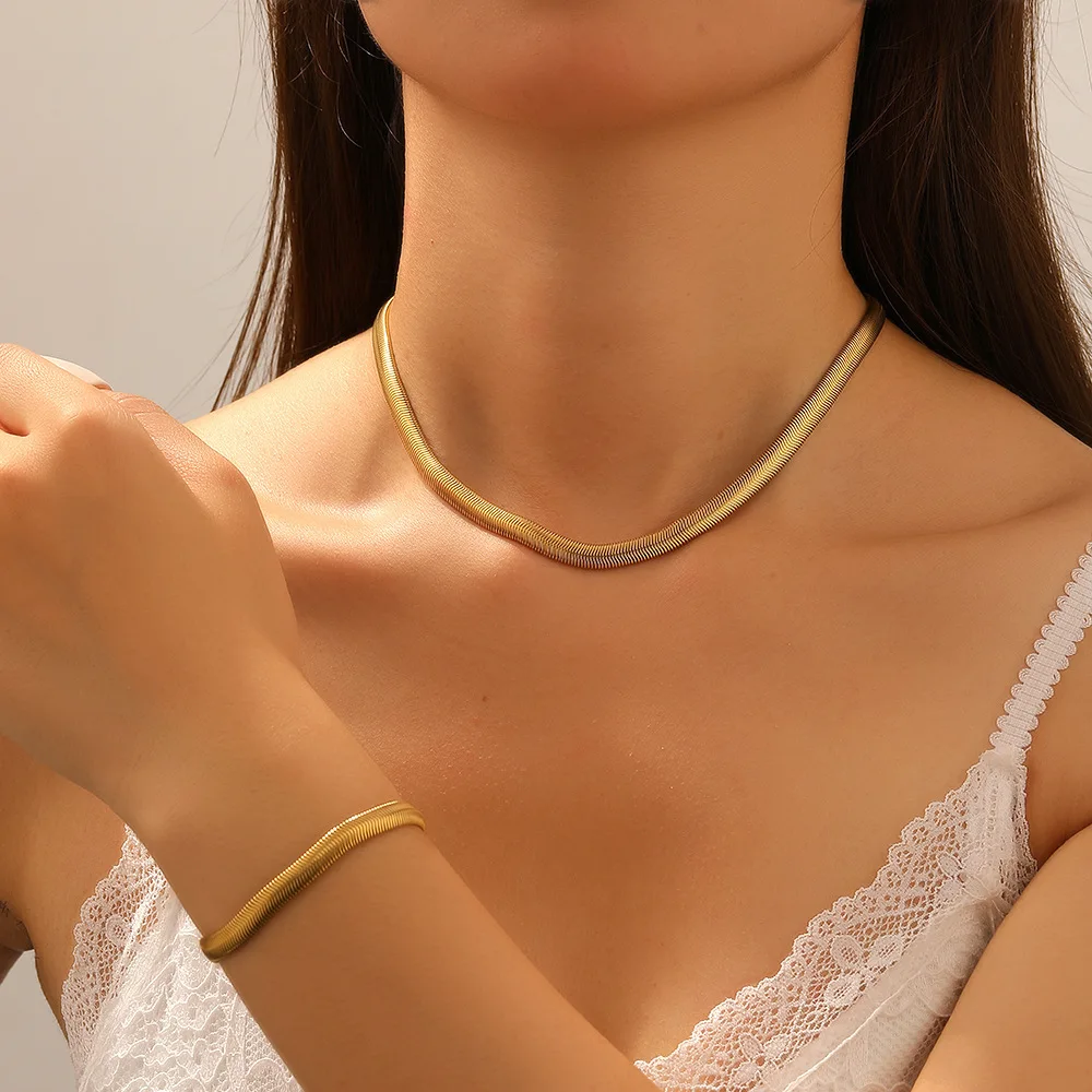 

18K Titanium Steel Plain Circle Jewelry Set: Unisex Euro-American Hip-Hop Flat Snake Chain Necklace & Bracelet Gift wholesale