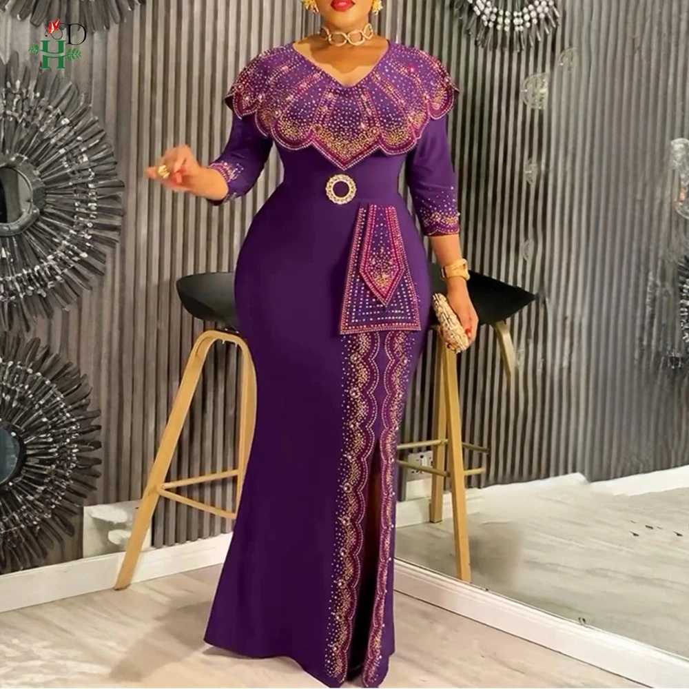 

2026 New Fashion African Clothes For Women Vintage Sparkling Gold Diamond Slim Dress Party Wedding Evening Dress Casual Vestidos