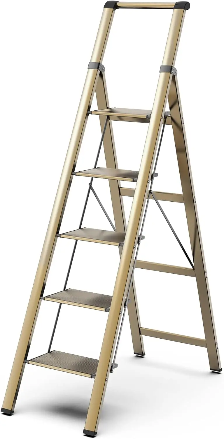 

5 Step Ladder for 10 Feet High Ceiling, Lightweight Aluminum Folding Step Stool with Convenient Handgrip, Stepladders with