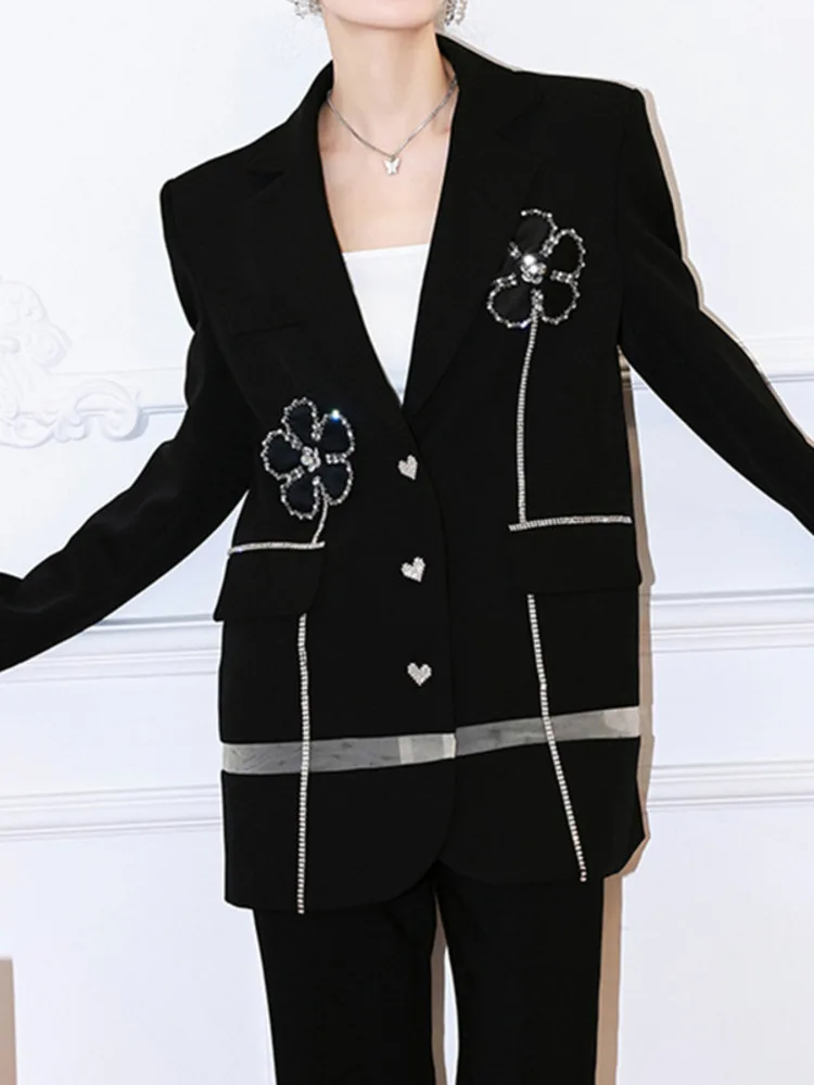 DEAT Fashion Embroidery Flares Diamonds Gauze Patchwork Single Breasted Suit Collar Loose Women's Blazer 2025 Spring New 15D90