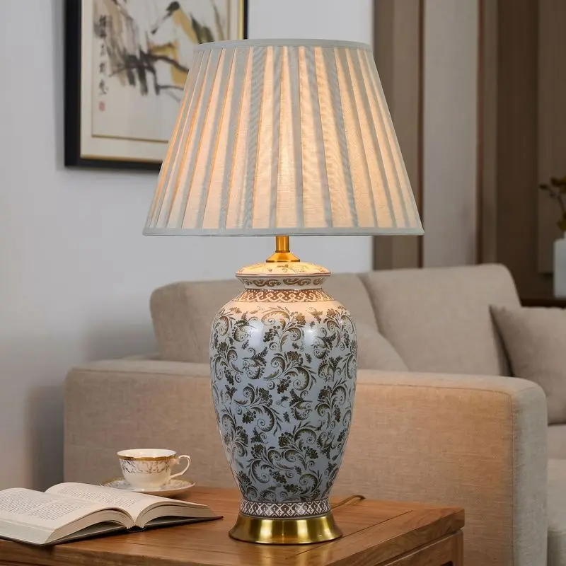 Vintage Scroll Floral Ceramic Table Lamp Pleated Linen Fabric Shade Ginger Table Lamp Living Room Bedroom Home Hotel Decor