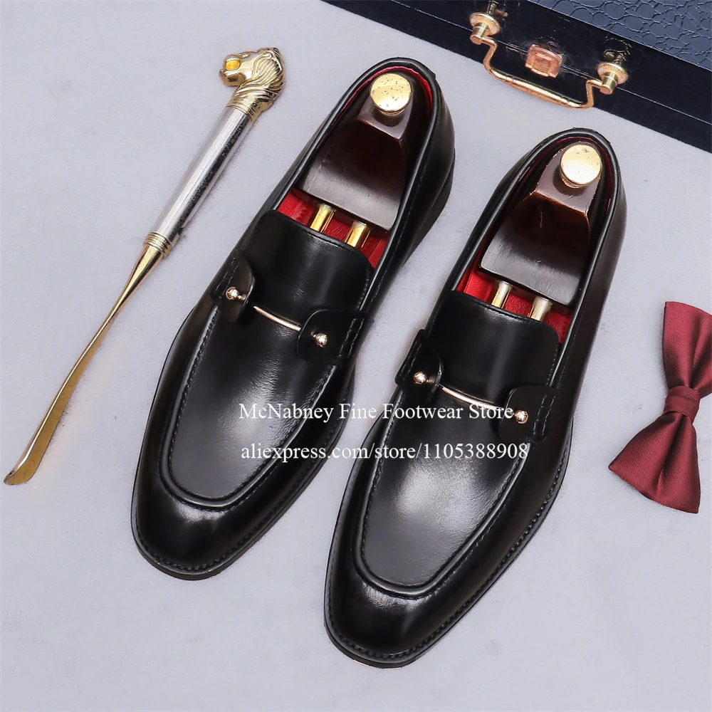 Leather Square Toe Metal Pin Male Loafers Slip on Formal Shoes Handmade Fashion Business Wedding Daily Men's Casual shoes Autumn