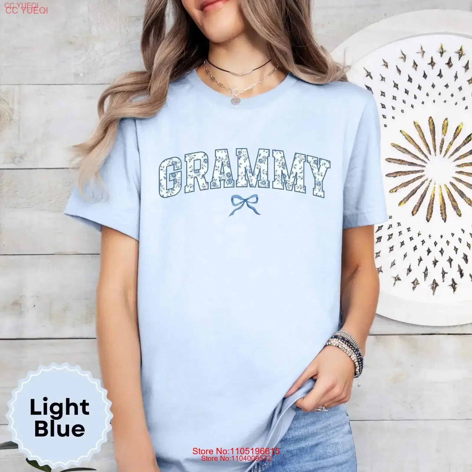 Grammy Floral T Shirt Grandma Toile Blue Bow New Grandmother Granny Crewneck Grammie Apparel First Time s vintage Washed