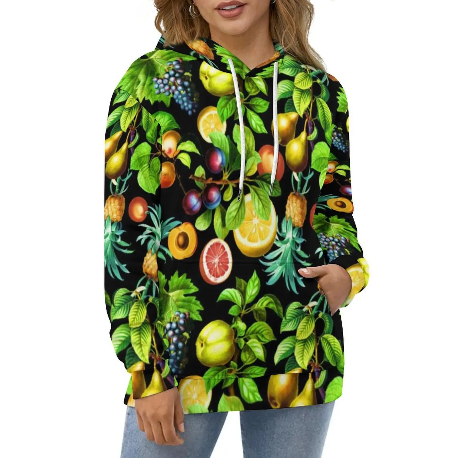 Tropical Fruit Hoodies Vegetarian Lemon Print Classic Oversize Hoodie Woman Long-Sleeve Kawaii Pattern Casual Sweatshirts