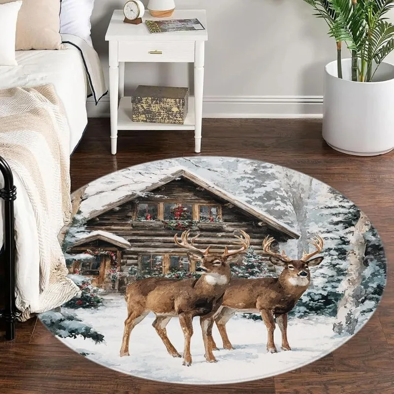 Winter Farm Theme Round Rug Rustic Country Style Forest Deer Horse Decor Carpet Home Indoor Decor Mat for Living Room Bedroom