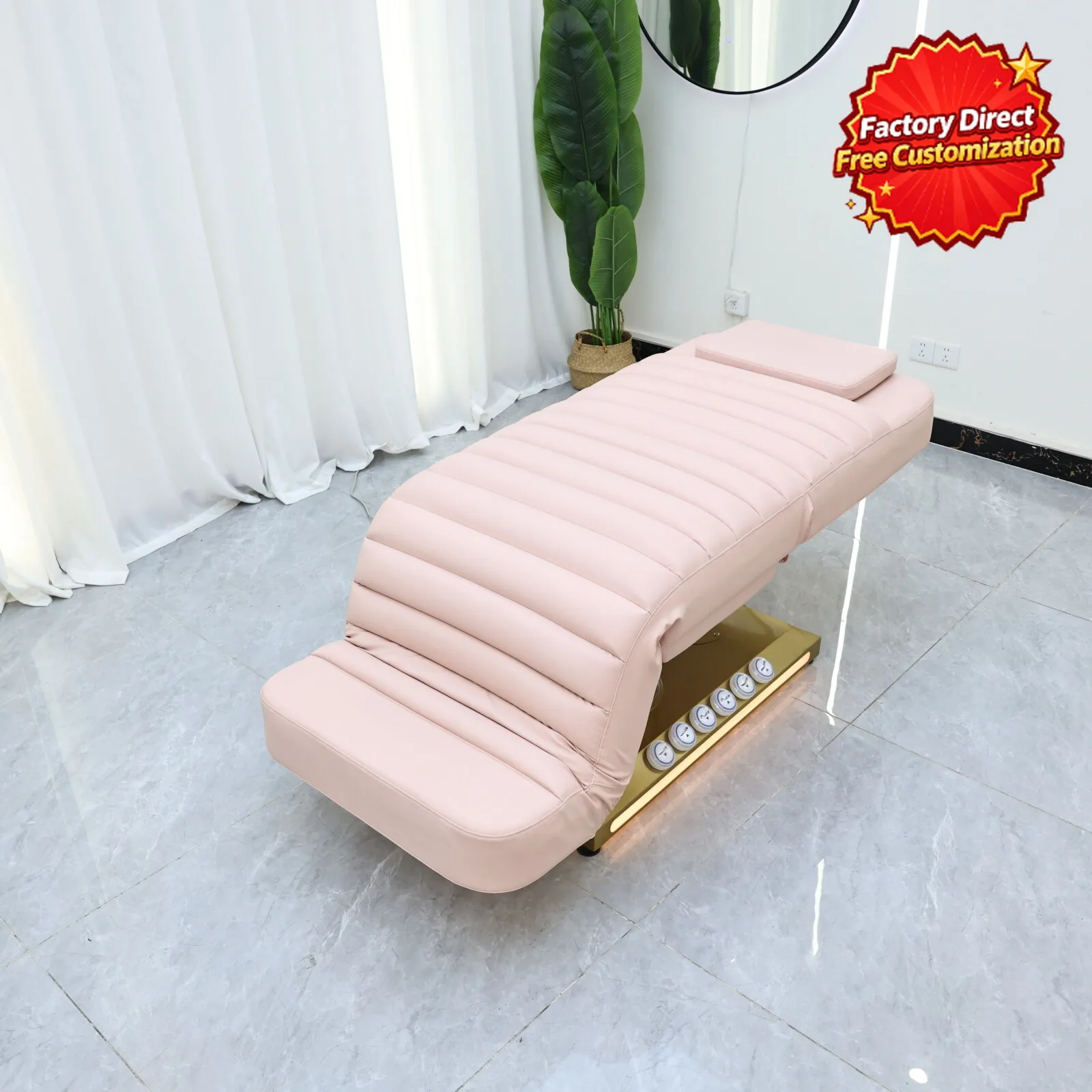 Electric Beauty Bed Adjustable Facial Massage Bed with Headrest Channel Tufted Gold Base LED Light Spa Lash Tattoo Pink