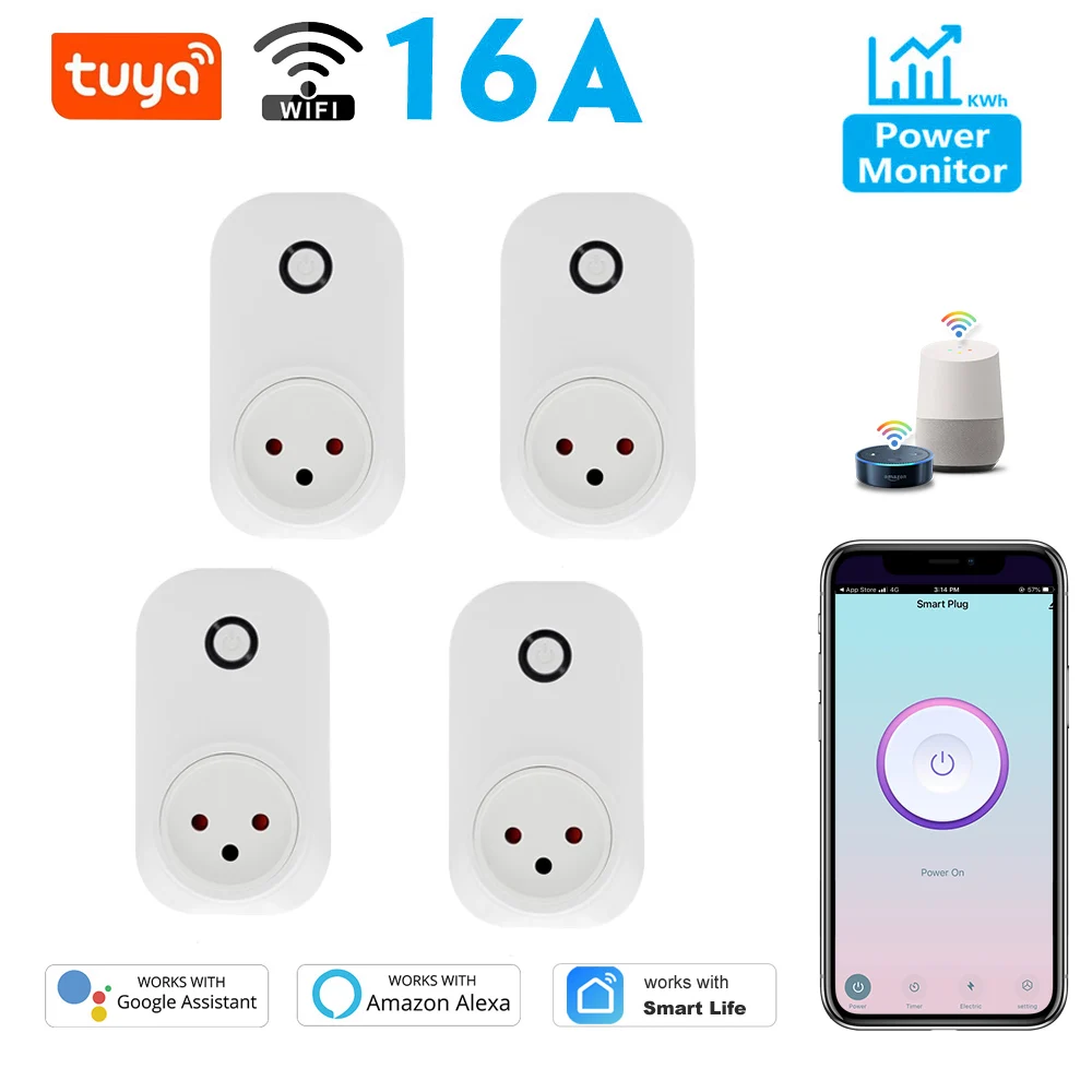 Tuya Smart Socket IsraeL Plug 16A Power Monitor Wifi Light Switch Smart Life Remote Control Outlet dla Alexa, Google Assistant