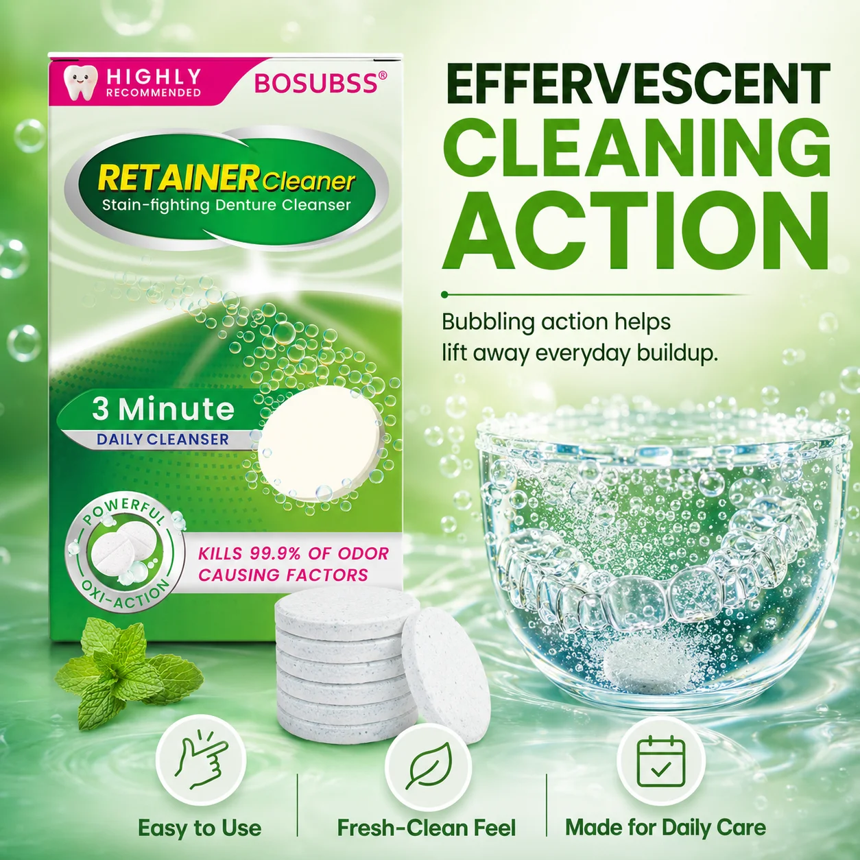 BOSUBSS Oral Appliance Cleaner Tablets, Retainer Denture Cleaning Tablets Oxi-Action for Odor Removal Daily Care