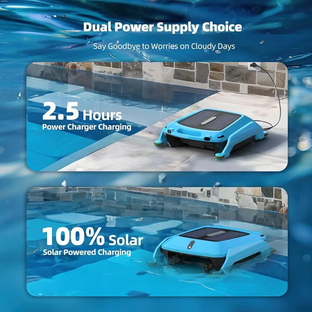 Robotic Solar Pool Cleaner Cordless Surface Skimmer Automatic Dual Power Charging Intelligent Obstacle Avoidance Saltwater