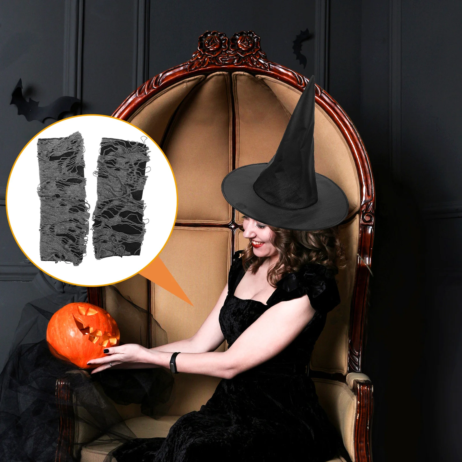 

1 пара черных, серых рваных перчаток в стиле панк на Хэллоуин, дизайн сломанной ткани, эластичные гибкие принадлежности для Хэллоуина с дырявым пальцем