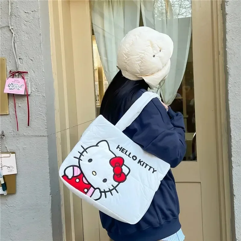 MINISO Disney Sanrio Handbag Cartoon Cute Down Fabric Kuromi Tote Bag Shoulder Cute Stationery Bag Large Capacity Handbag 2024