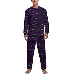 Pijamas de gatos negros y morados para hombre, Impresión de Halloween Kawaii de manga larga de otoño, conjuntos de pijama de dos piezas de diseño estético, traje para casa