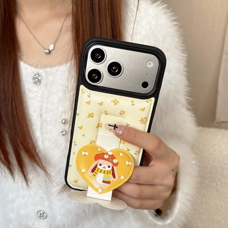 

Korean Yellow Little Flower Painting Cute Rabbit Wristband Stand Phone Case For iPhone 17 Pro 15 16 Pro Max Cover Cartoon Cases
