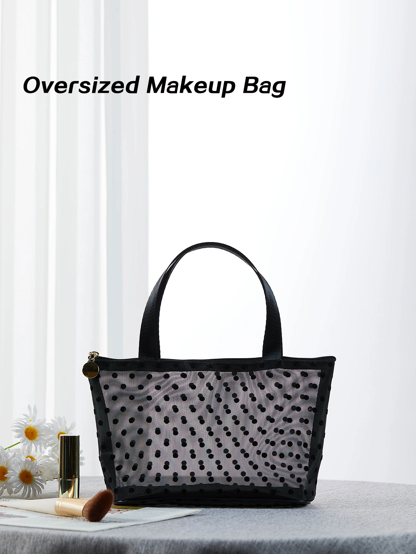 Large Black mesh Dot spattern Portable Tote Makeup Bag Beach Bag Travel Makeup Bag Toiletry Bag Cosmetic Bag makeup bag organiz