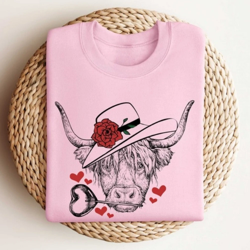 

Highland Cow Valentine Sweatshirt Heifer Valentine Hoodie Valentines Day Gift Casual Style Hoodies Women Harajuku Clothes