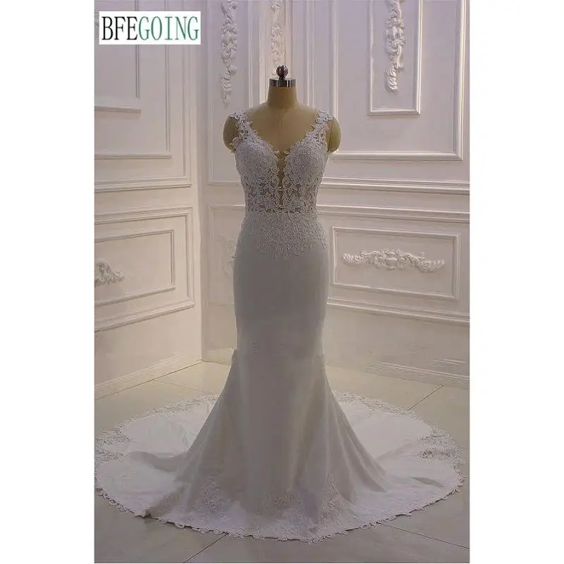 Ivory Crepe Lace Appliques Mermaid/ Trumpet Wedding Dresses Chapel Train Custom Made Sleeveless V-Neck Bridal Gowns