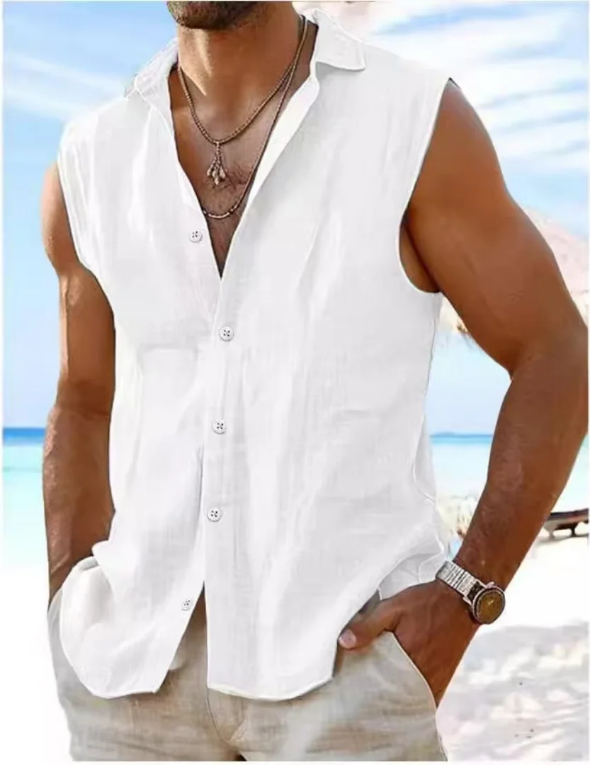 

Summer solid-color cotton and linen sleeveless shirt for men, casual sports, lapel button, outdoor fitness, breathable cardigan