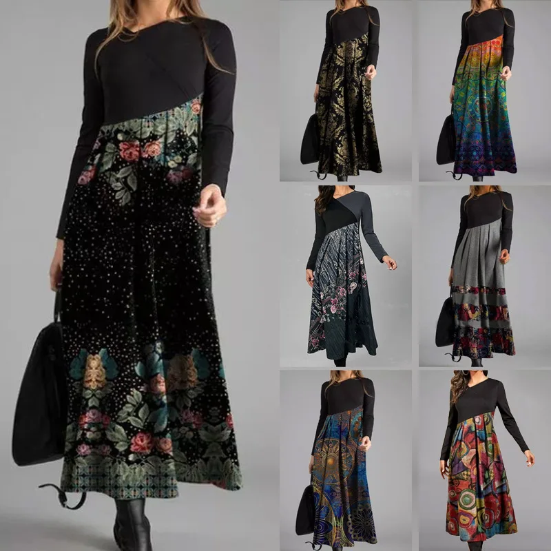 2025 Dress Autumn Roupas Femininas V-neck Bohemian Print Long-sleeved Slim Fit Office Commuting And Leisure Robes Soiree Femmes