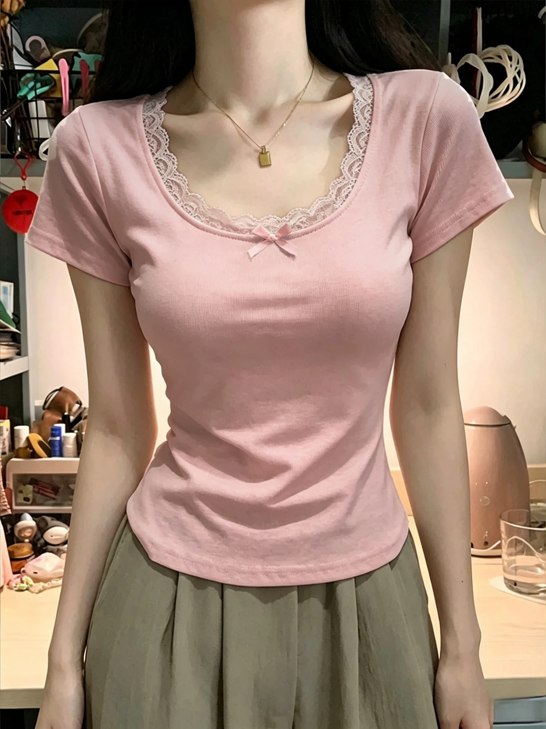 Summer Lace  Knot Short Sleeve T-Shirt Women's Slim Fit Shoulder Length Casual Top Cotton Polyester Blend Fabric