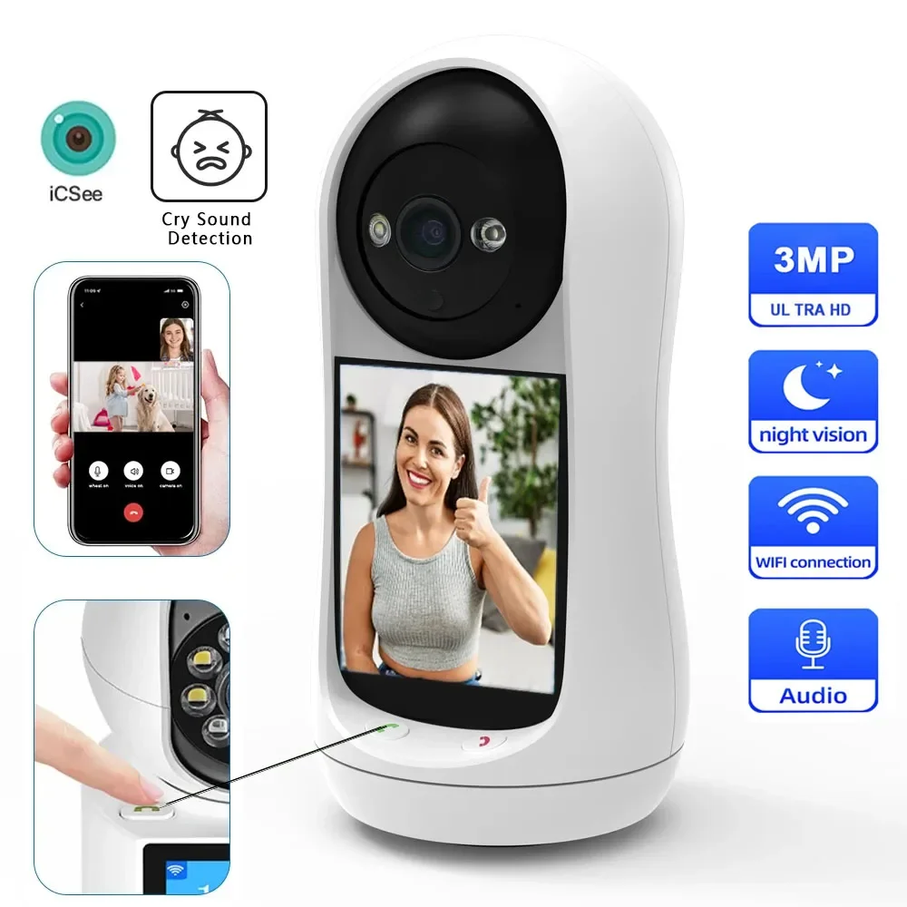 

3MP Wifi IP Camera Video Call with 2.8 Inch IPS Screen Baby Cry Sound Detection 2MP Security PTZ Cameras Baby Monitor ICSee