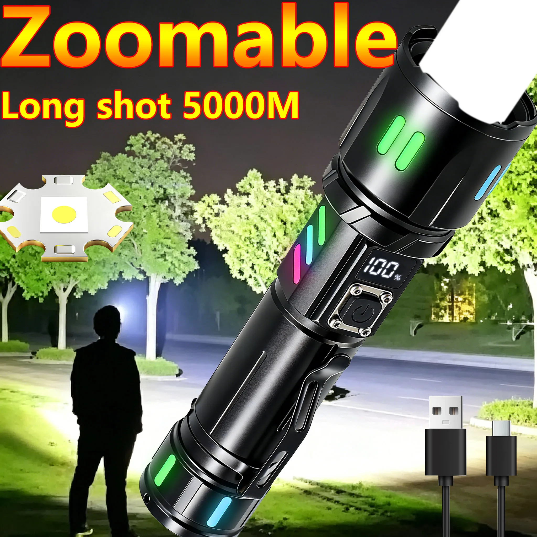 Zoomable Led Flashlights Tactical Torch with Display Light TYPE-C Charging Camping Fishing Emergency Lantern Portable Flashlight
