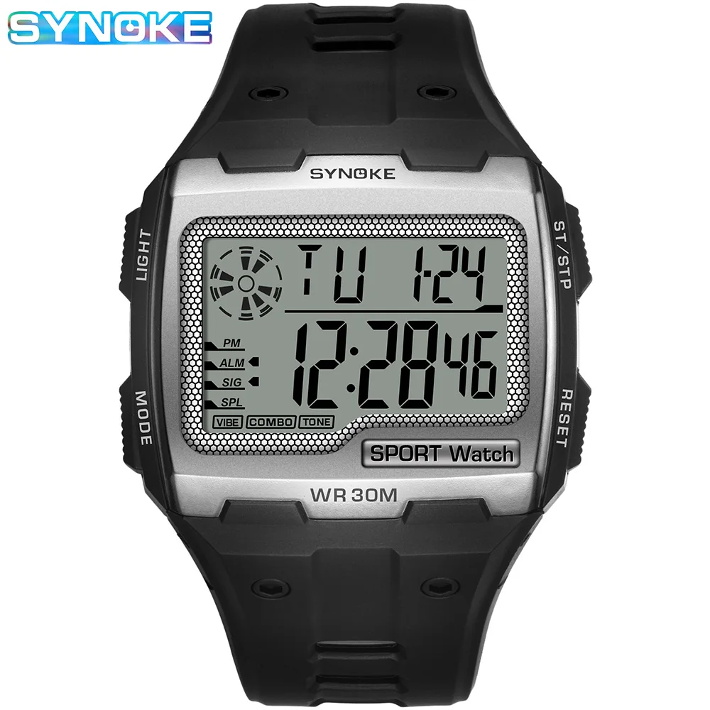 SYNOKE Men\'s Square Digital Watch Top Brand Electronic LED Wristwatch Waterproof Big Dial Men\'s Military Sport Watch Clock