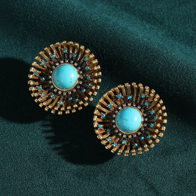 

Vintage Turquoise Earrings Studs Antique Gold Color Flower Blue Natural Stone Rhinestones Round Woman Accessories 2025 Designer