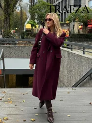 TRAFZA Women Autumn Winter Turn-Down Collar Long Sleeves Pockets Double Breasted Coat Female Fashion Casual Woolen Long Coat