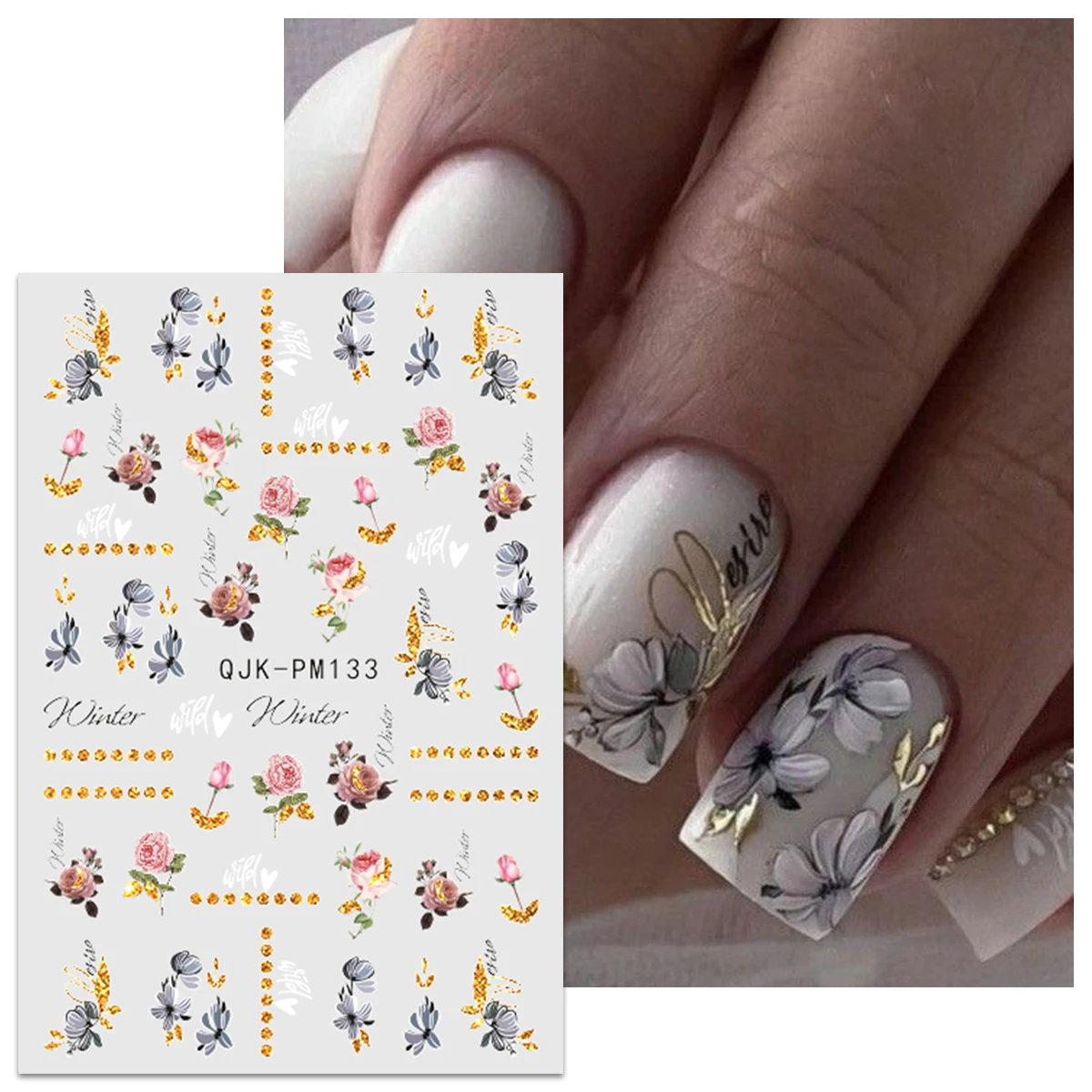 6pcs spring flower and grass glitter nail art stickers, art stickers, easy to apply nail decoration, DIY, gift, wedding party