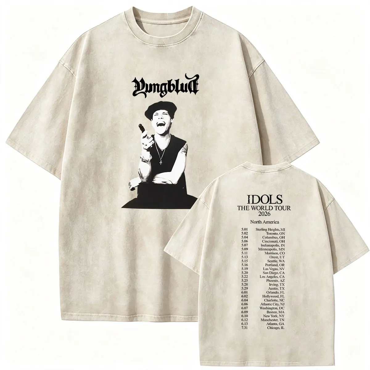 Vintage Washed Yungblud Idols The World Tour 2026 North America T Shirt Men's Hip Hop Punk Pop Short Sleeve T-shirts Streetwear