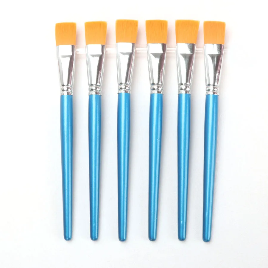 Flat Head Nylon Hair Oil Paint Brush 6 Pcs Pearlescent Blue Watercolor Acrylic Row Brush Wooden Rod Gouache Brush Art Supplies