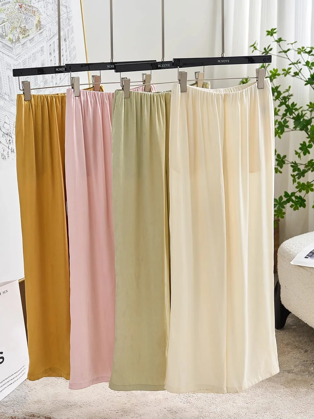 

Женские летние тонкие брюки с широкими штанинами из гладкой ткани Ice Silk, с высокой талией, эластичным поясом, прямого кроя, повседневные, для офиса