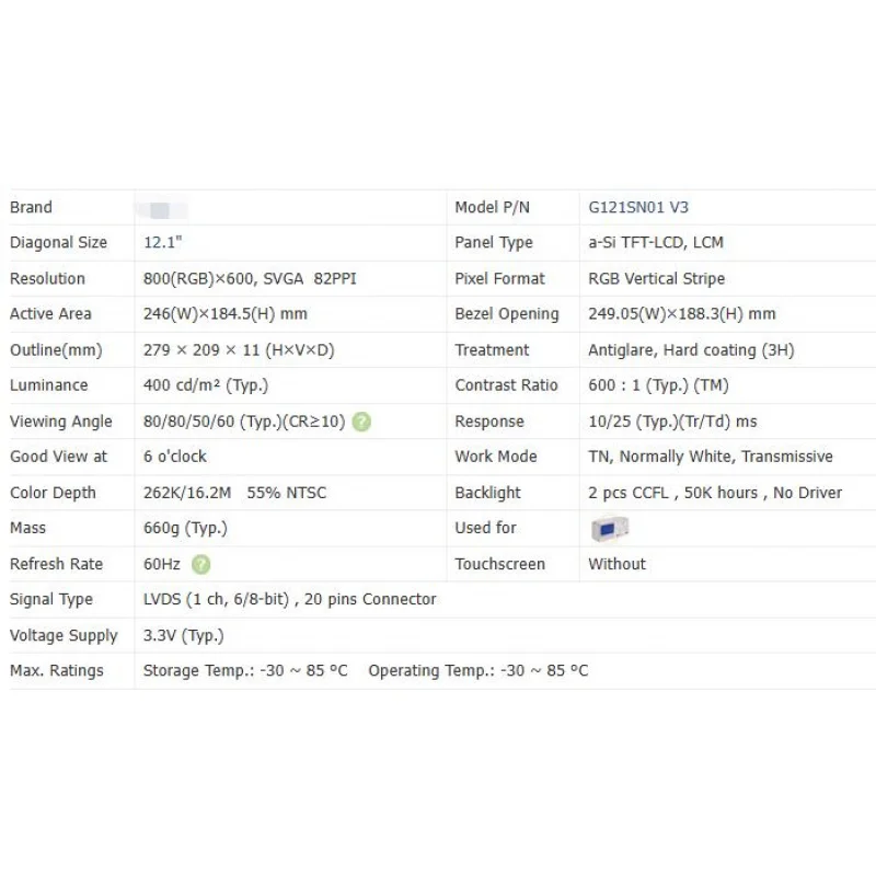 G121SN01 V3 Brand New Original 12.1 Inch LCD Screen