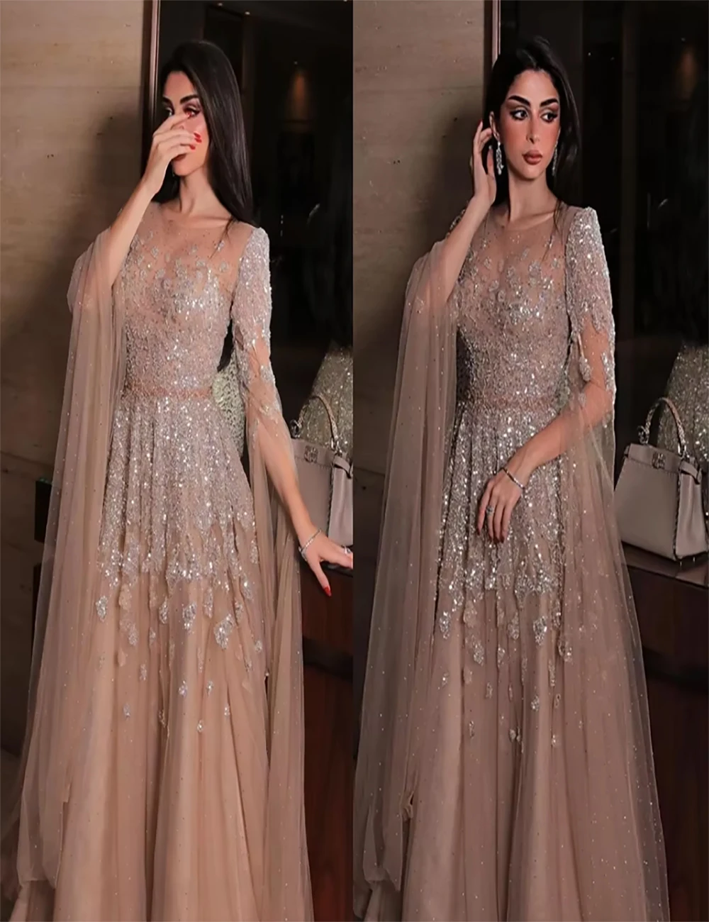 Elegant Prom Dresses Sleeves  Shiny Tulle Sequin Appliques  A-line Evening Dresses Elegant Party Dress Vestido De Novia