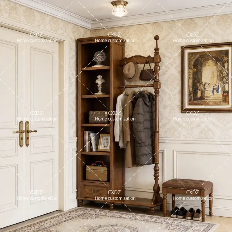American Retro Walnut Coat Rack Solid Wood Hanger Floor Standing Wardrobe Storage Light Luxury Bedroom Home Integrated Locker