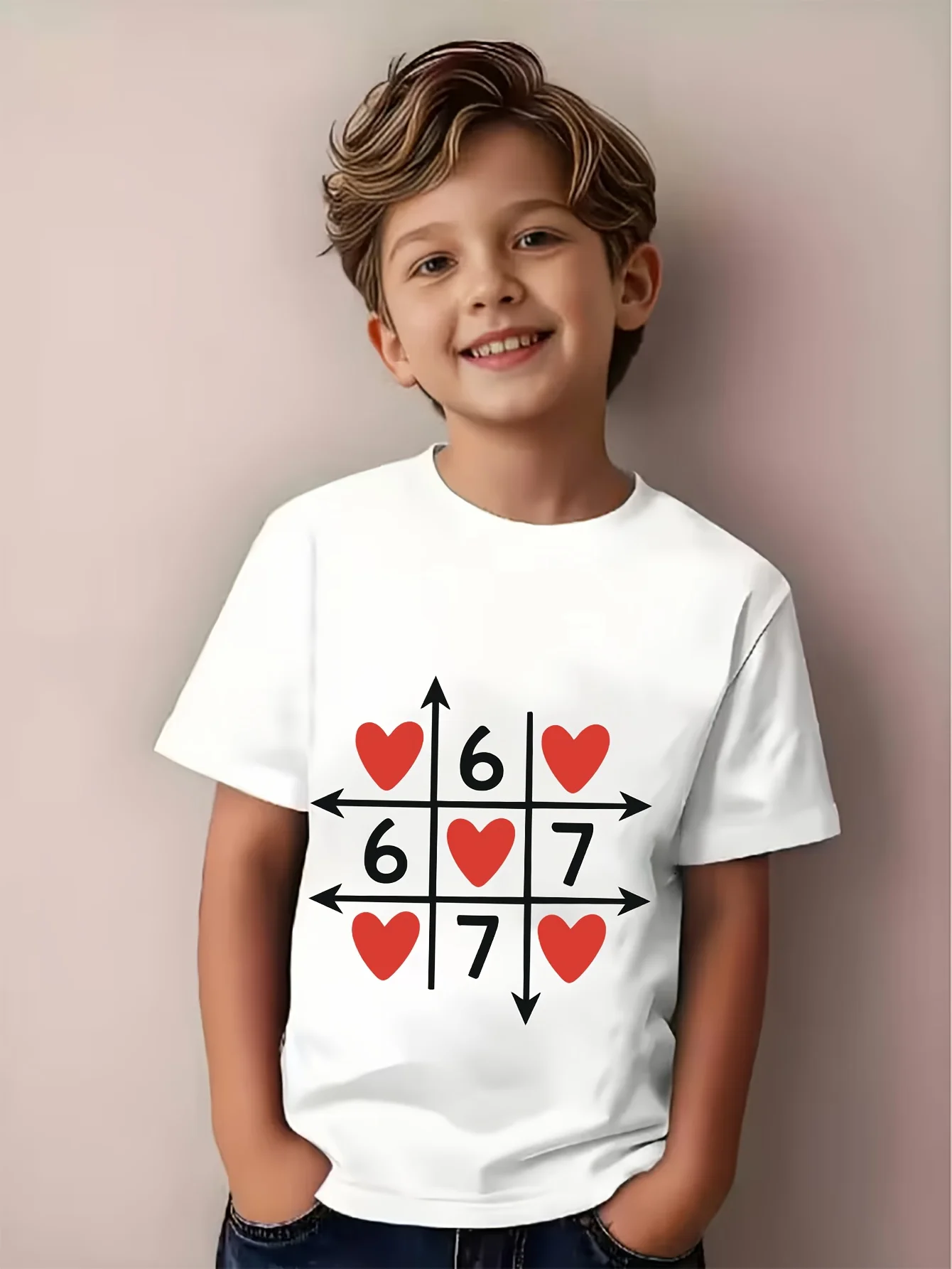 Lucky Number Heart Arrow Grid Print Family Matching Cotton Tees Short Sleeve Tops For Mom Dad Boys Girls Daily Wear