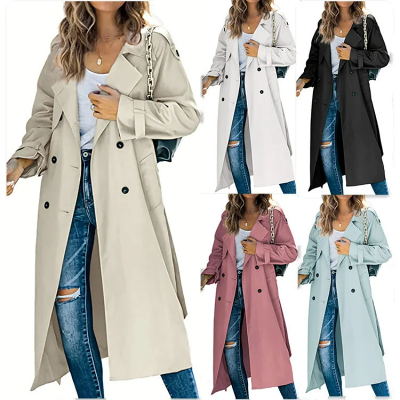 Khaki Long Women Trench Coat Autumn Winter Turn Down Collar Women Clothes Causal Full Sleeve Belt Trench trench coat for women