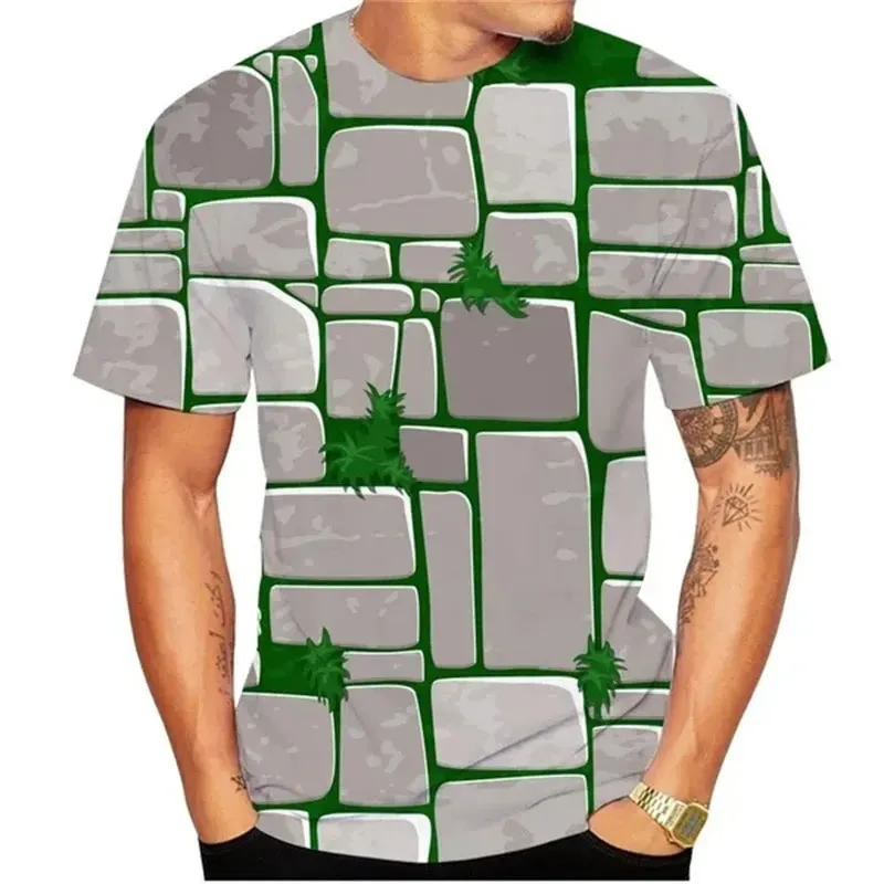 تي شيرت رجالي ثلاثي الأبعاد بجدران الطوب ، قمم بأكمام قصيرة ، شخصية غير رسمية ، تيشيرتات رسومات أصلية مطبوعة ، موضة صيفية ، اتجاه جديد