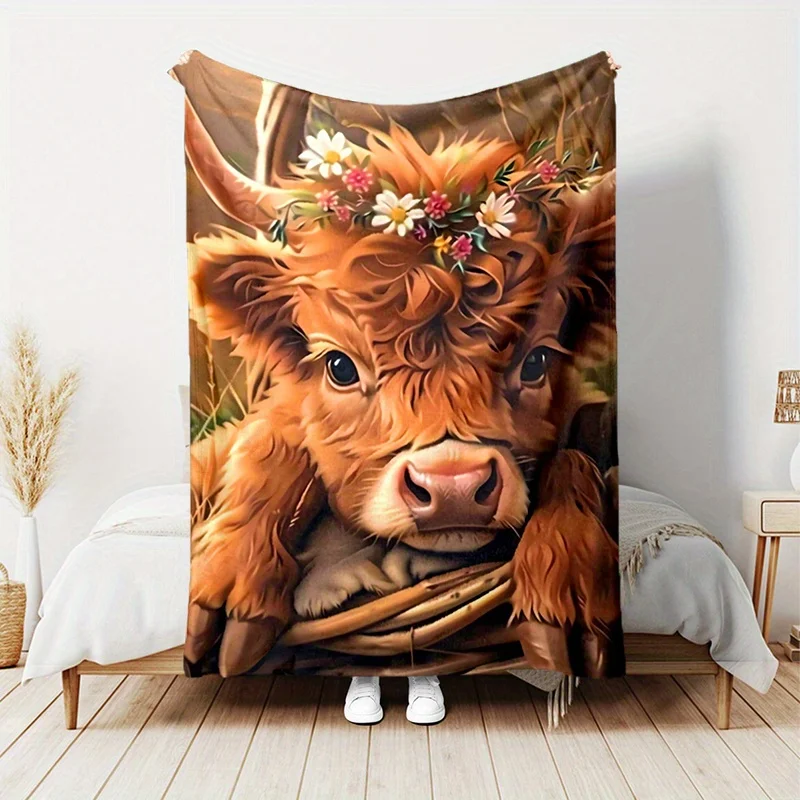 Charming Highland Cow with Floral Crown Blanket - Soft, Cozy, Stylish Decor for Ultimate Home Comfort and Ideal Gift Choice