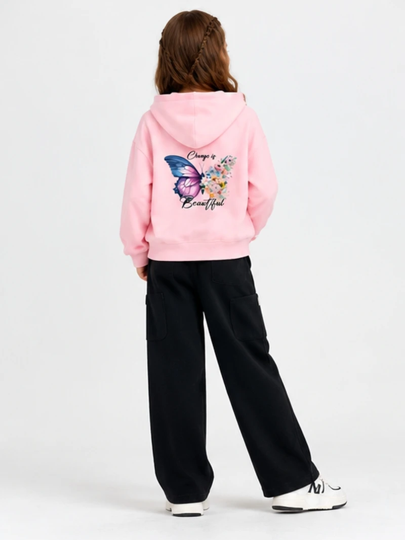 Kinder-Modeschichtmantel mit Schmetterlings- und Blumenmuster, langärmeliges Kapuzenoberteil für Mädchen, Herbst-Baumwoll-Sweatshirt, Größe 5-14T – Detail 6